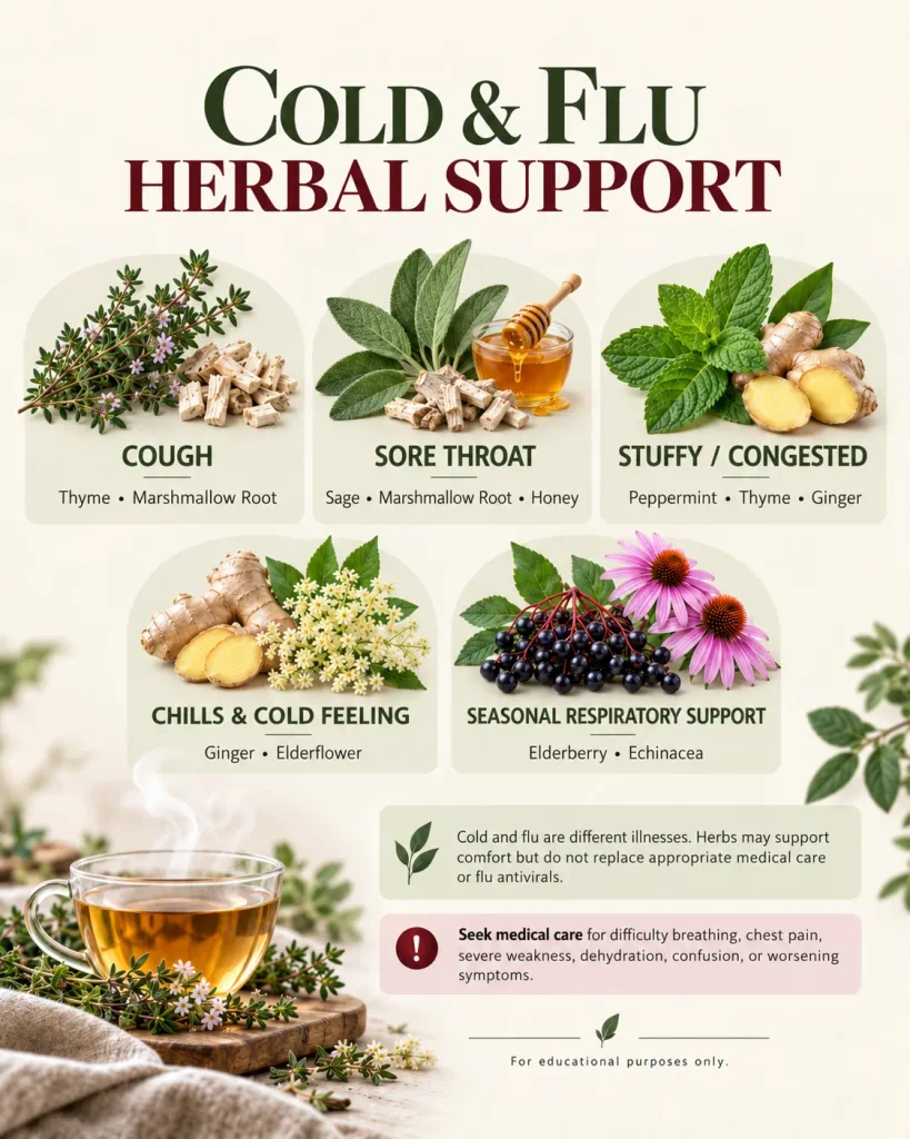 Cold and flu herbal support infographic showing herbs for cough, sore throat, congestion, chills and seasonal respiratory support