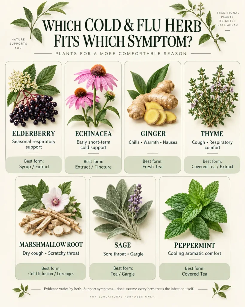 Cold and flu herb comparison with elderberry, echinacea, ginger, thyme, marshmallow root, sage and peppermint