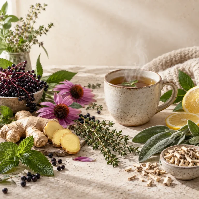 Elderberry, echinacea, ginger, thyme, sage, peppermint, marshmallow root, lemon, and steaming herbal tea for cold and flu comfort