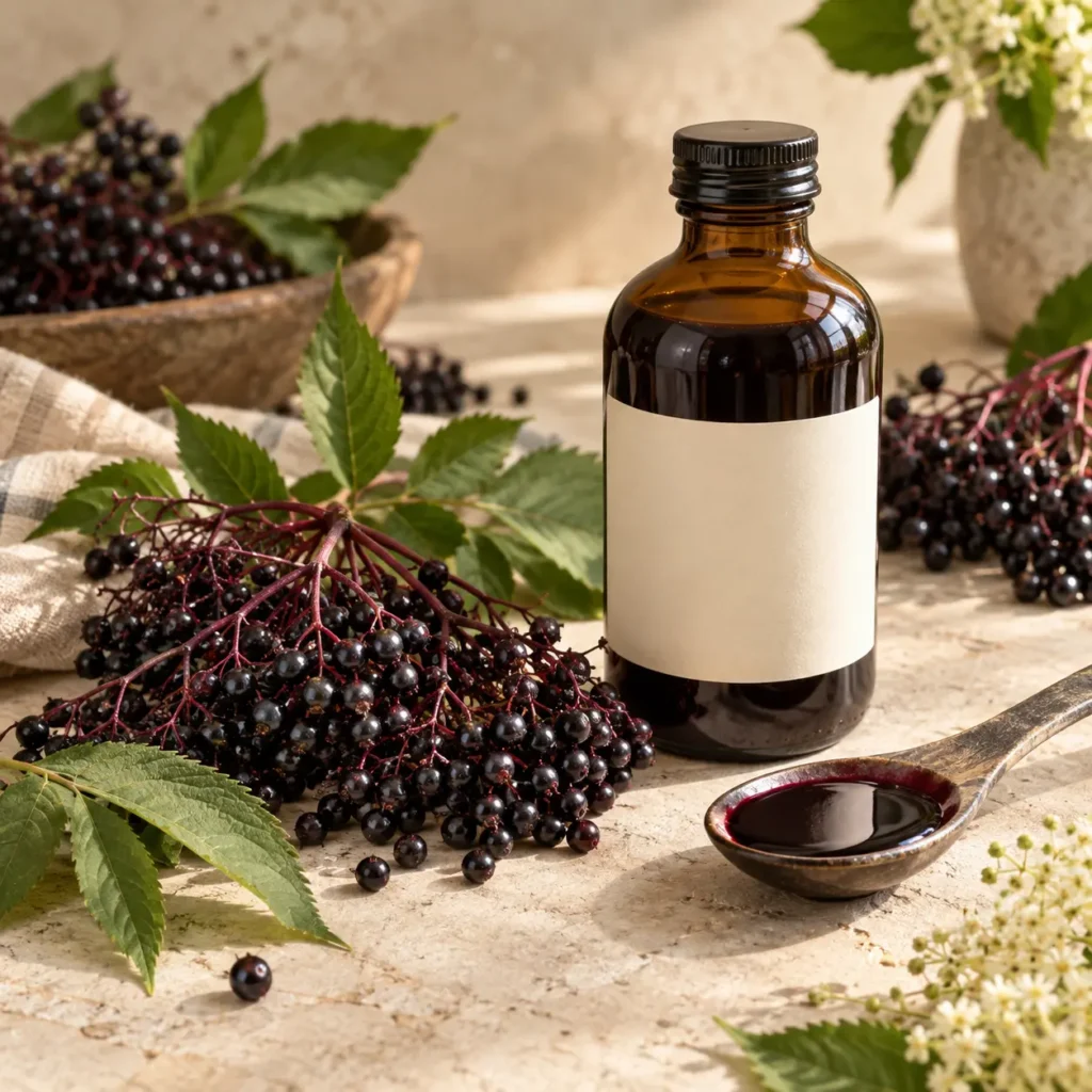 Bottle of elderberry syrop