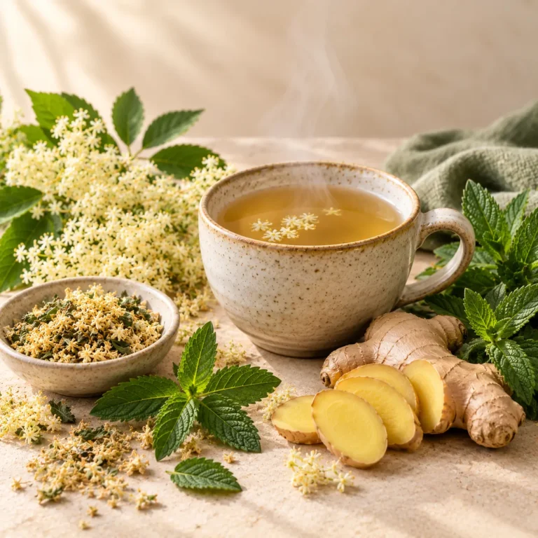 Ginger, elderflower and peppermint herbal tea.